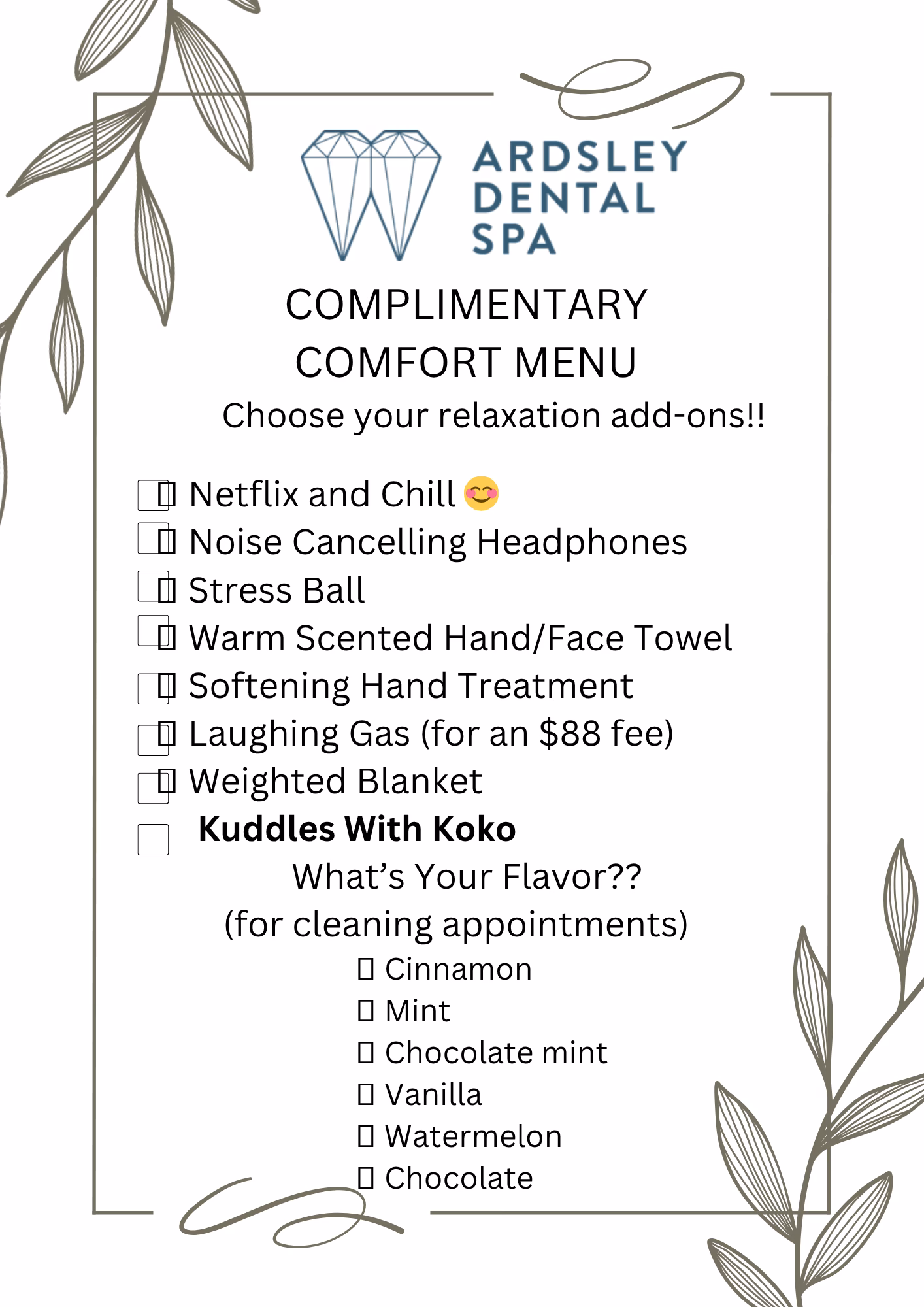 comfort menu at Ardsley Dental Spa in Ardsley, NY